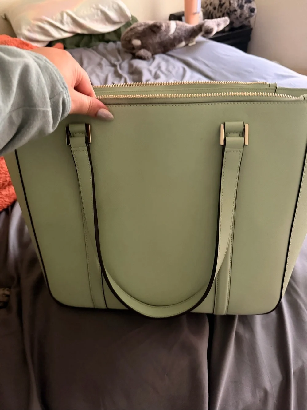 kate spade sage green Saffiano leather tote with gold hardware